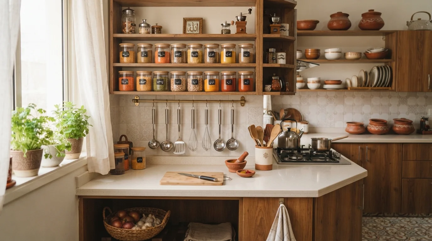 An organised kitchen with jars, wooden shelves and everyday cooking tools
